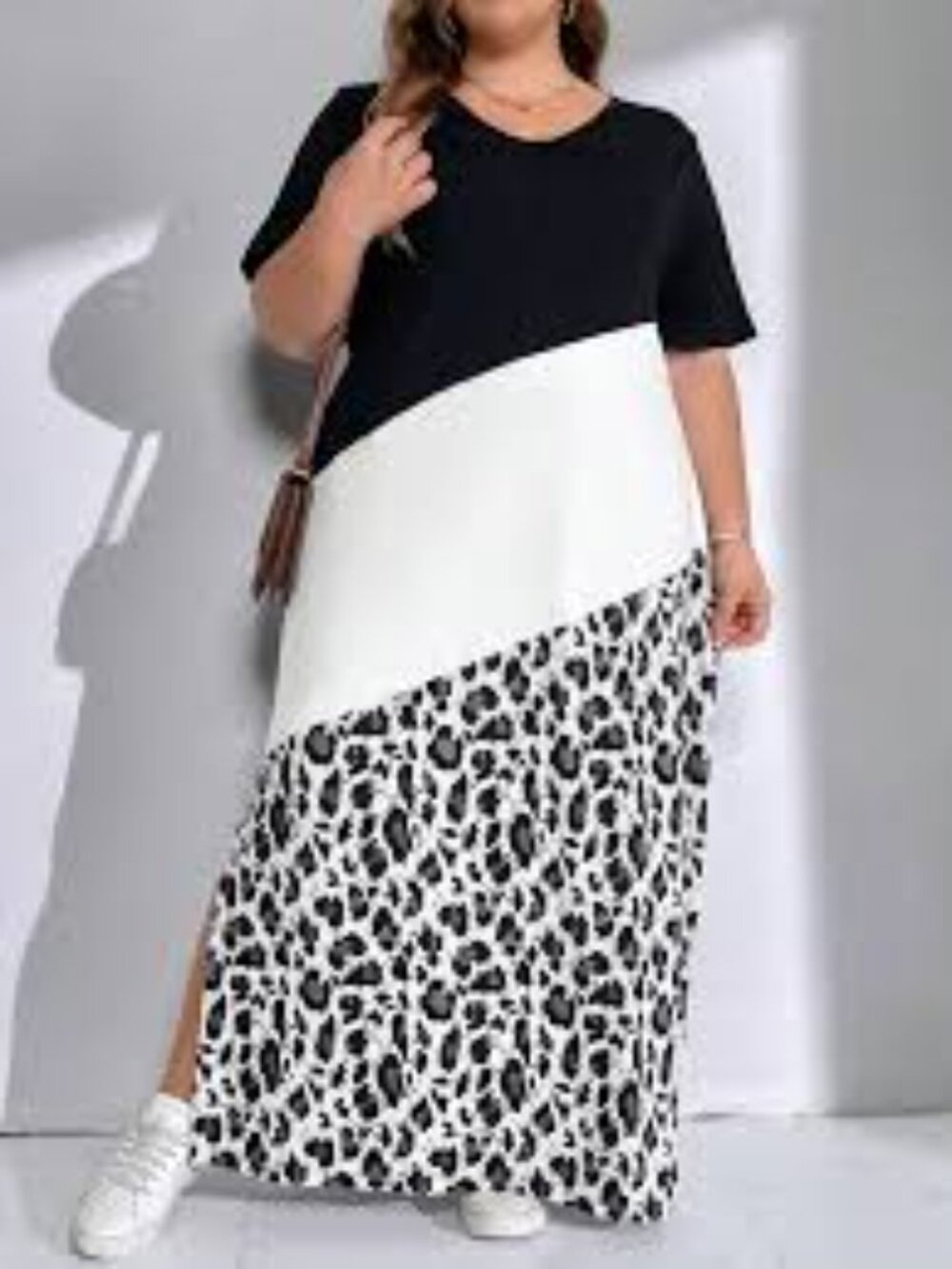 Black White Leopard Animal Print Colorblock Maxi Dress Size XL